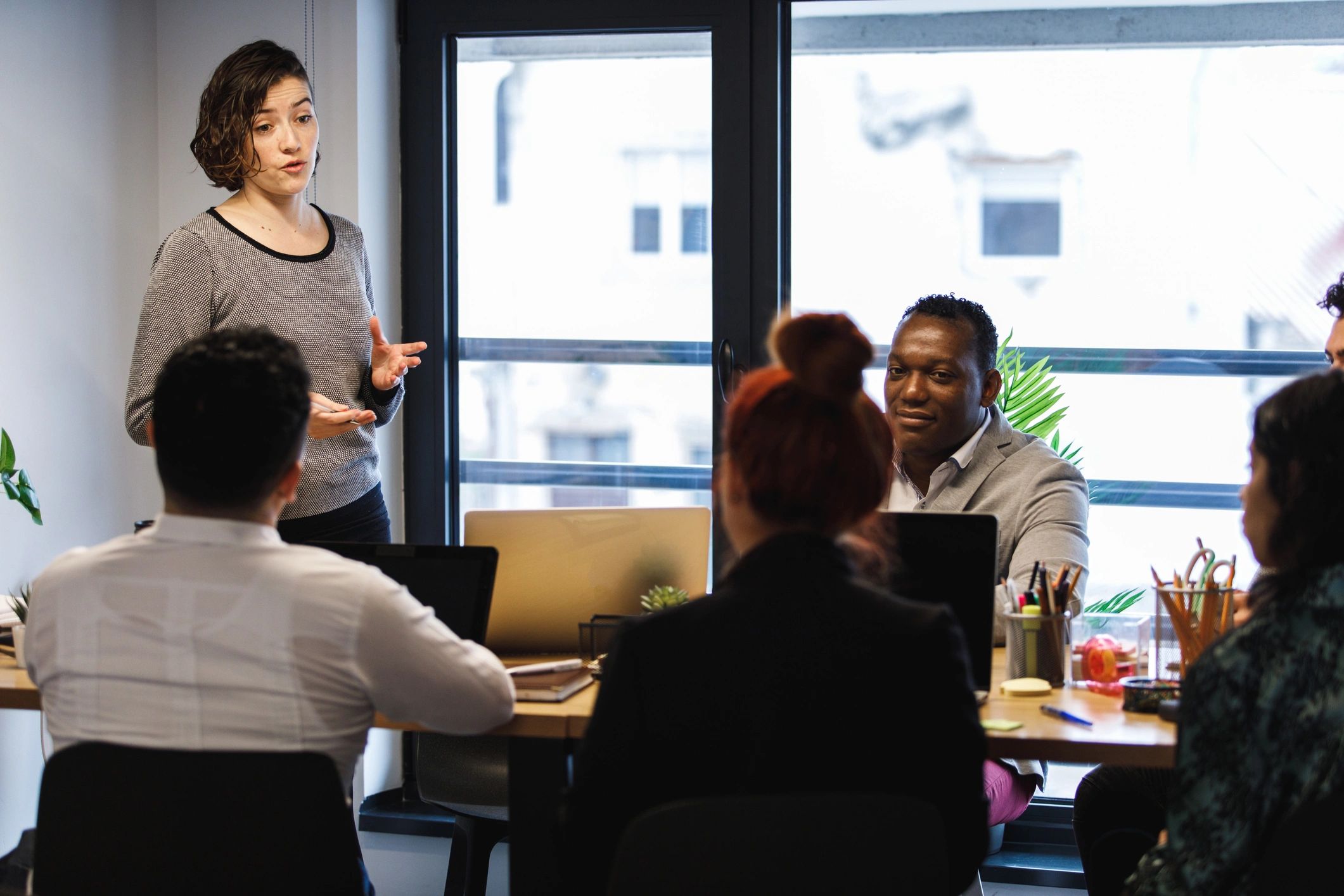 Business presentation in a boardroom setting