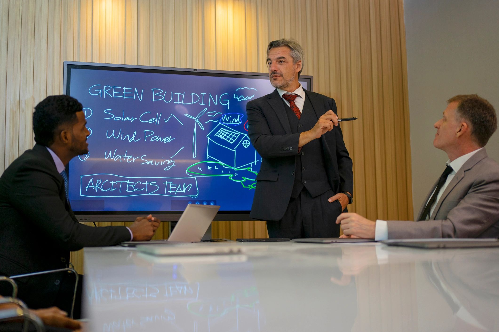 Business team reviewing digital dashboards in a meeting