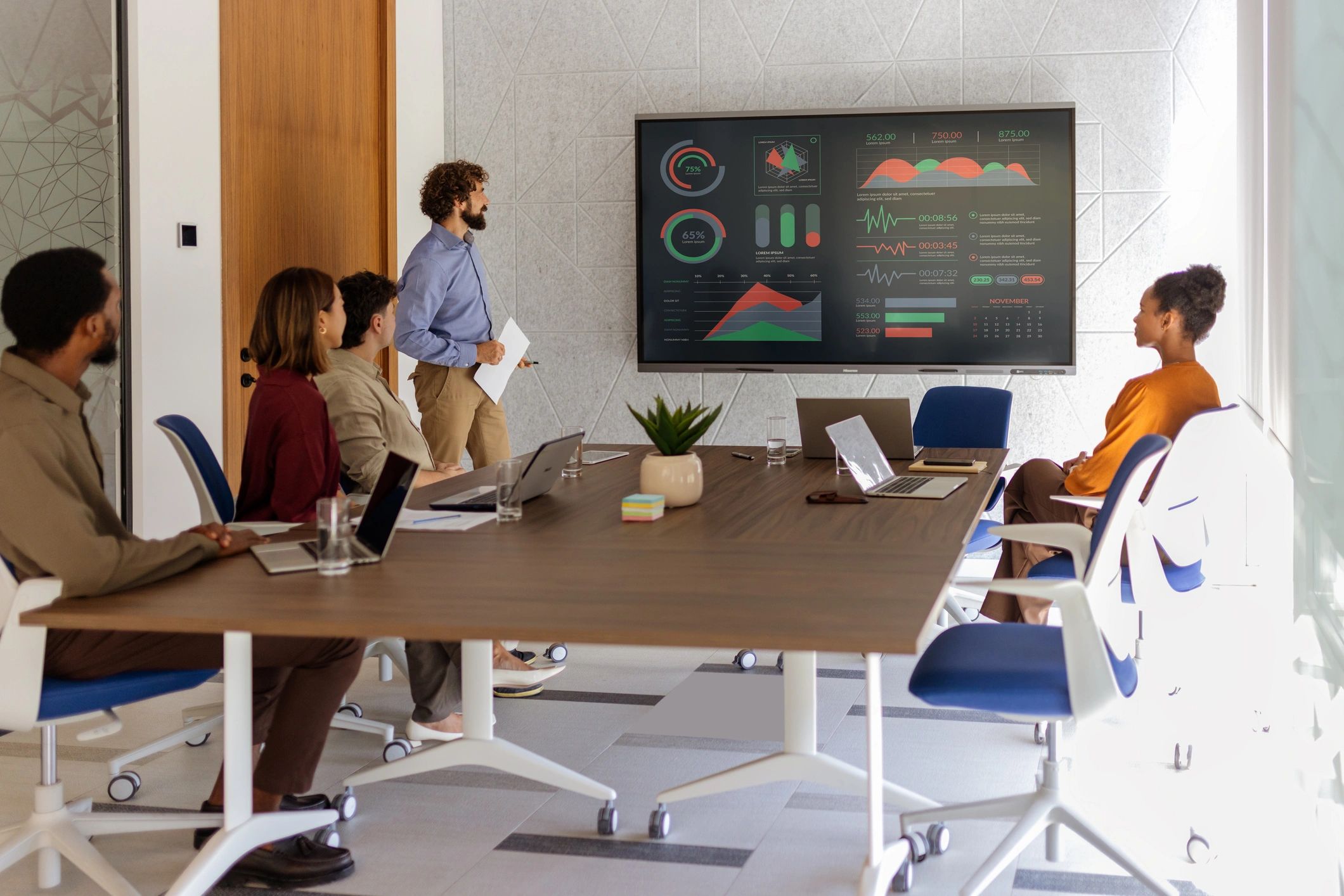 Corporate meeting with data visualization in a contemporary office